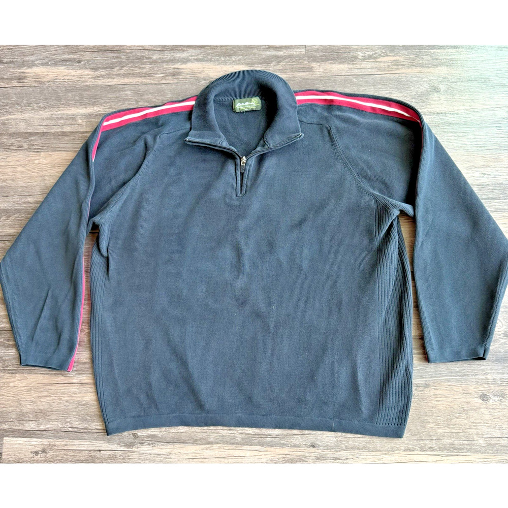 Eddie Bauer Sweater Mens XL Navy 1/4 Zip Red Racing Stripe Cotton Knit Pullover